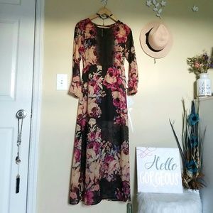 Floral Maxi Dress Sheer Long Sleeve Size Small